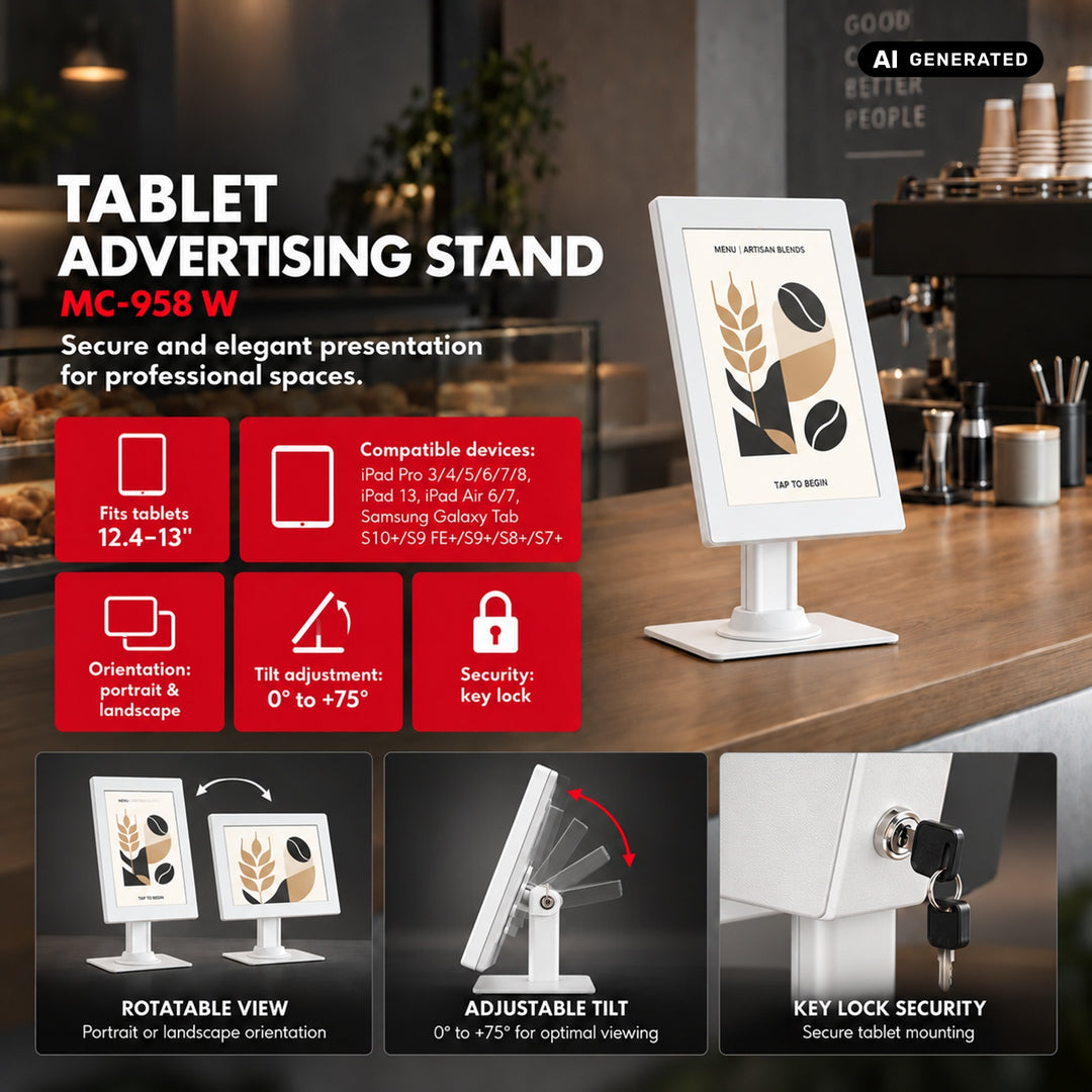 Maclean-reklameholder til tablet, med låsemekanisme, 12,4"-13", iPad Air/Pro, Samsung Tab S10+/S9+/S8+/S7+, 257x350x22 mm, MC-958 W
