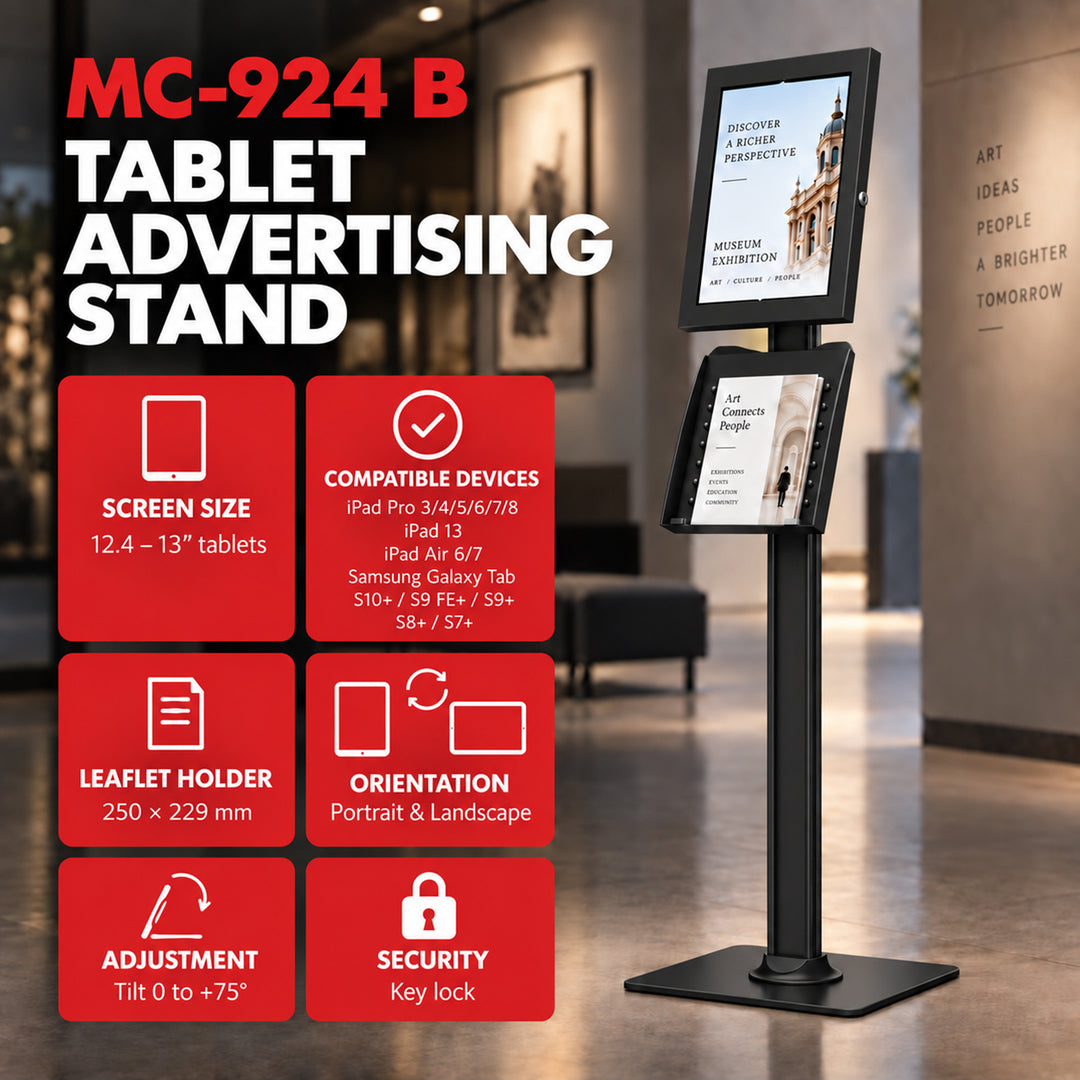 Maclean-reklameholder til tablet, med låsemekanisme. 12,4"-13", iPad Air/Pro, Samsung Tab S10+/S9+/S8+/S7+, 257x350x22 mm, MC-924 B