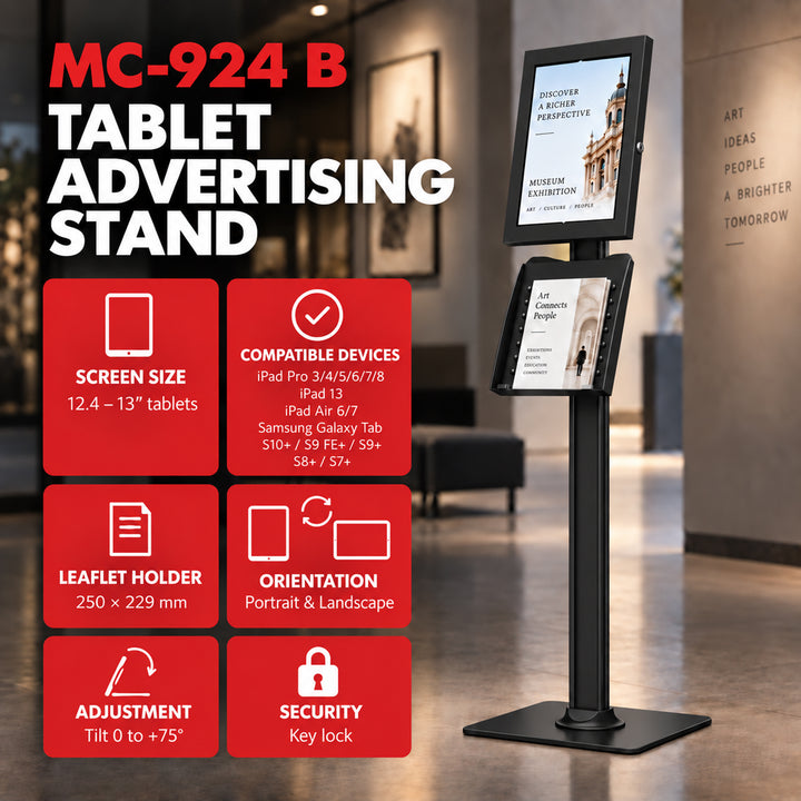Maclean-reklameholder til tablet, med låsemekanisme. 12,4"-13", iPad Air/Pro, Samsung Tab S10+/S9+/S8+/S7+, 257x350x22 mm, MC-924 B