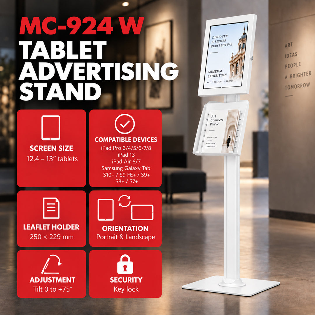 Maclean-reklameholder til tablet, med lås, 12,4"-13", iPad Air/Pro, Samsung Tab S10+/S9+/S8+/S7+, 257x350x22 mm, MC-924 W
