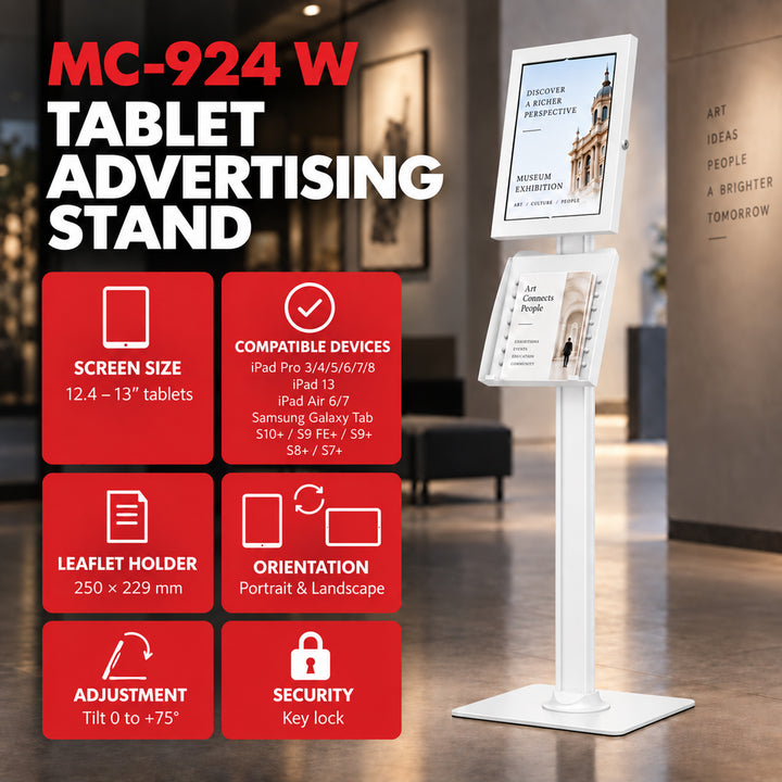 Maclean-reklameholder til tablet, med lås, 12,4"-13", iPad Air/Pro, Samsung Tab S10+/S9+/S8+/S7+, 257x350x22 mm, MC-924 W
