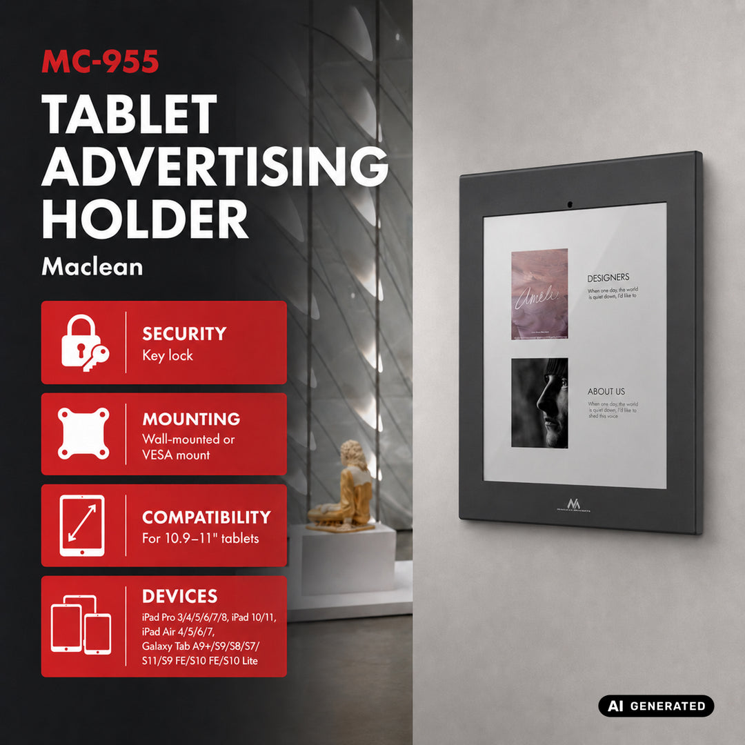 Maclean-tabletholder med låsemekanisme, 10,9"-11", iPad Air/Pro, Samsung Tab A- og S-serien, 220x323x22 mm, MC-955 B