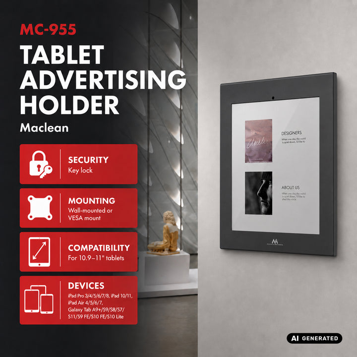 Maclean-tabletholder med låsemekanisme, 10,9"-11", iPad Air/Pro, Samsung Tab A- og S-serien, 220x323x22 mm, MC-955 B