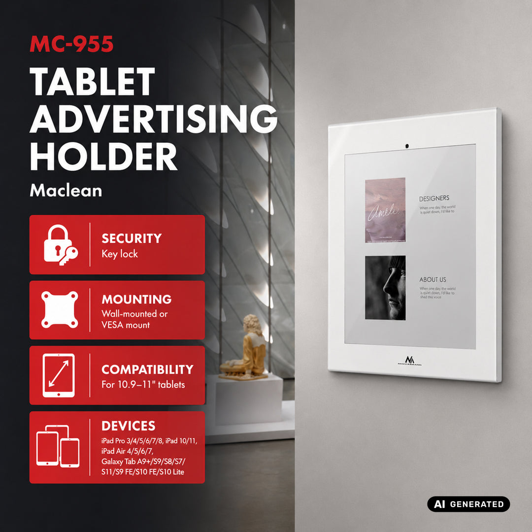 Maclean-tabletholder med låsemekanisme, 10,9"-11", iPad Air/Pro, Samsung Tab A- og S-serien, 220 x 323 x 22 mm, MC-955 W