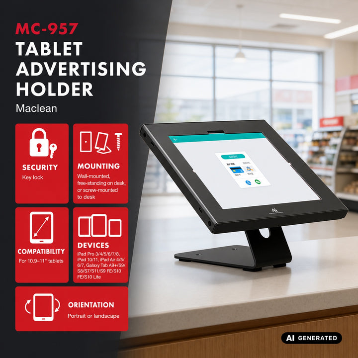 Maclean-tabletholder til reklameformål, med lås, 10,9"-11", iPad Air/Pro, Samsung Tab A- og S-serien, 220x323x22 mm, MC-957 B