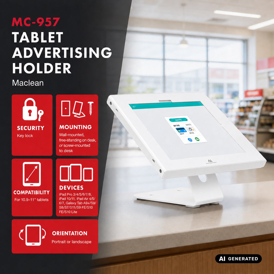 Maclean-tabletholder med låsemekanisme, 10,9"-11", iPad Air/Pro, Samsung Tab A- og S-serien, 220 x 323 x 22 mm, MC-957 W