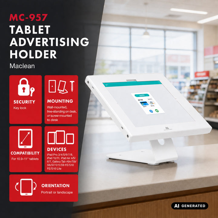 Maclean-tabletholder med låsemekanisme, 10,9"-11", iPad Air/Pro, Samsung Tab A- og S-serien, 220 x 323 x 22 mm, MC-957 W