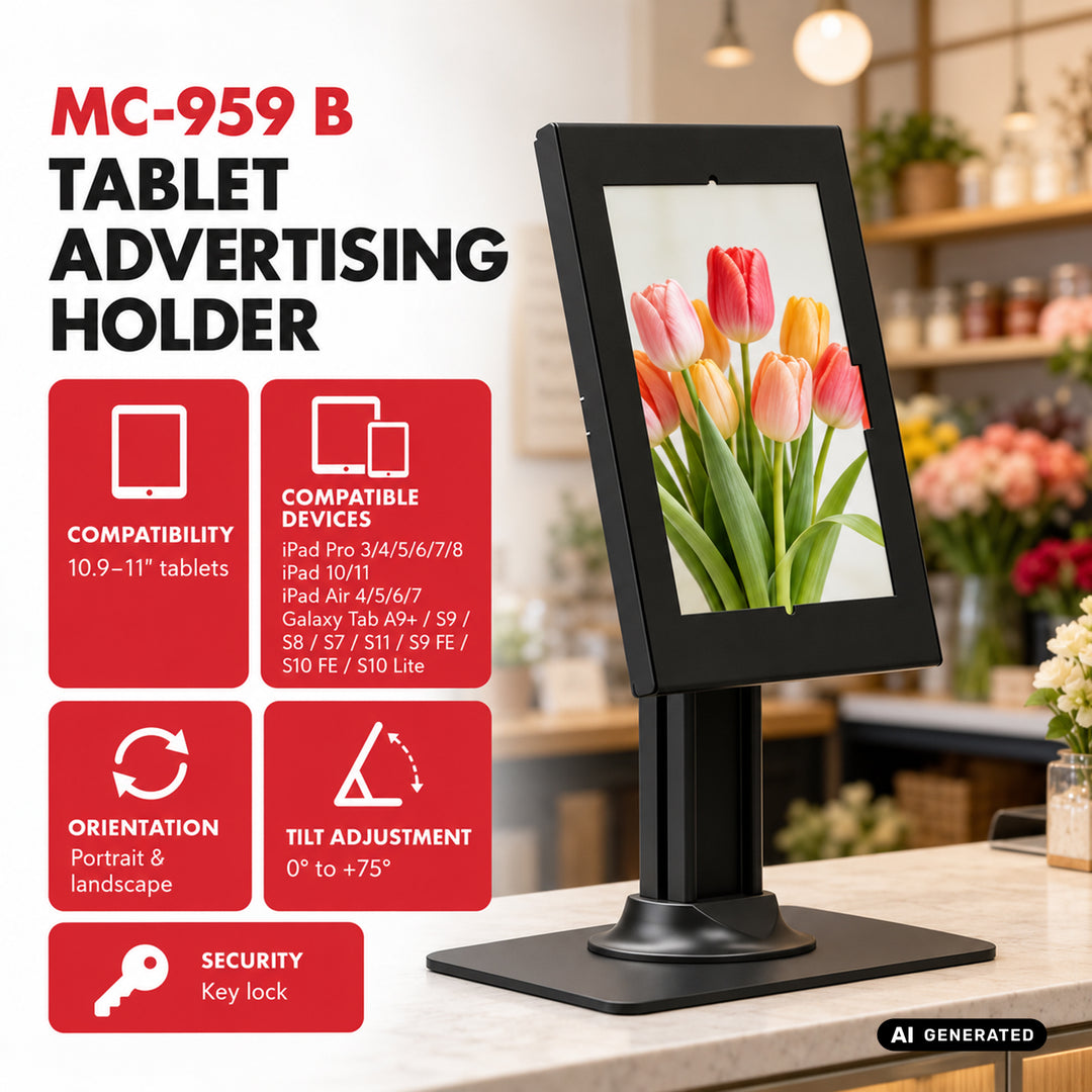 Maclean-tabletholder med låsemekanisme, 10,9"-11", iPad Air/Pro, Samsung Tab A- og S-serien, 220 x 323 x 22 mm, MC-959 B