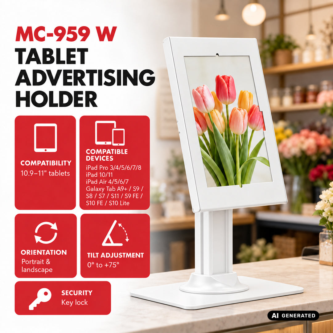 Maclean-reklameholder til tablet, med lås, 10,9"-11", iPad Air/Pro, Samsung Tab A- og S-serien, 220 x 323 x 22 mm, MC-959 W