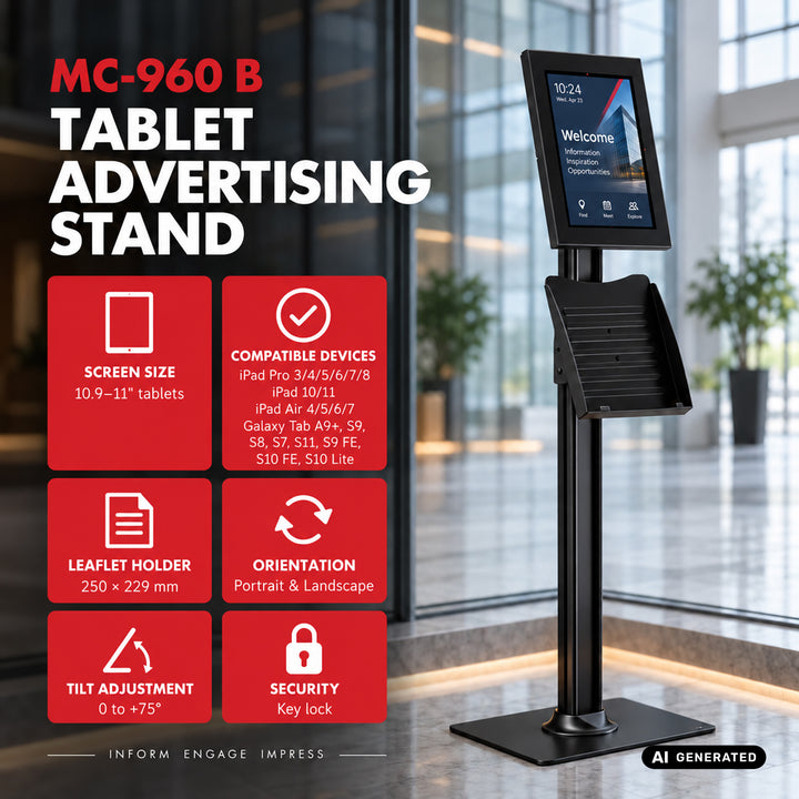 Maclean-reklameholder til tablet, med lås, 10,9"-11", iPad Air/Pro, Samsung Tab A- og S-serien, 220x323x22 mm, MC-960 B