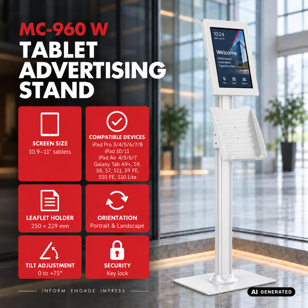 Maclean-reklameholder til tablet, med lås, 10,9"-11", iPad Air/Pro, Samsung Tab A- og S-serien, 220x323x22 mm, MC-960 W