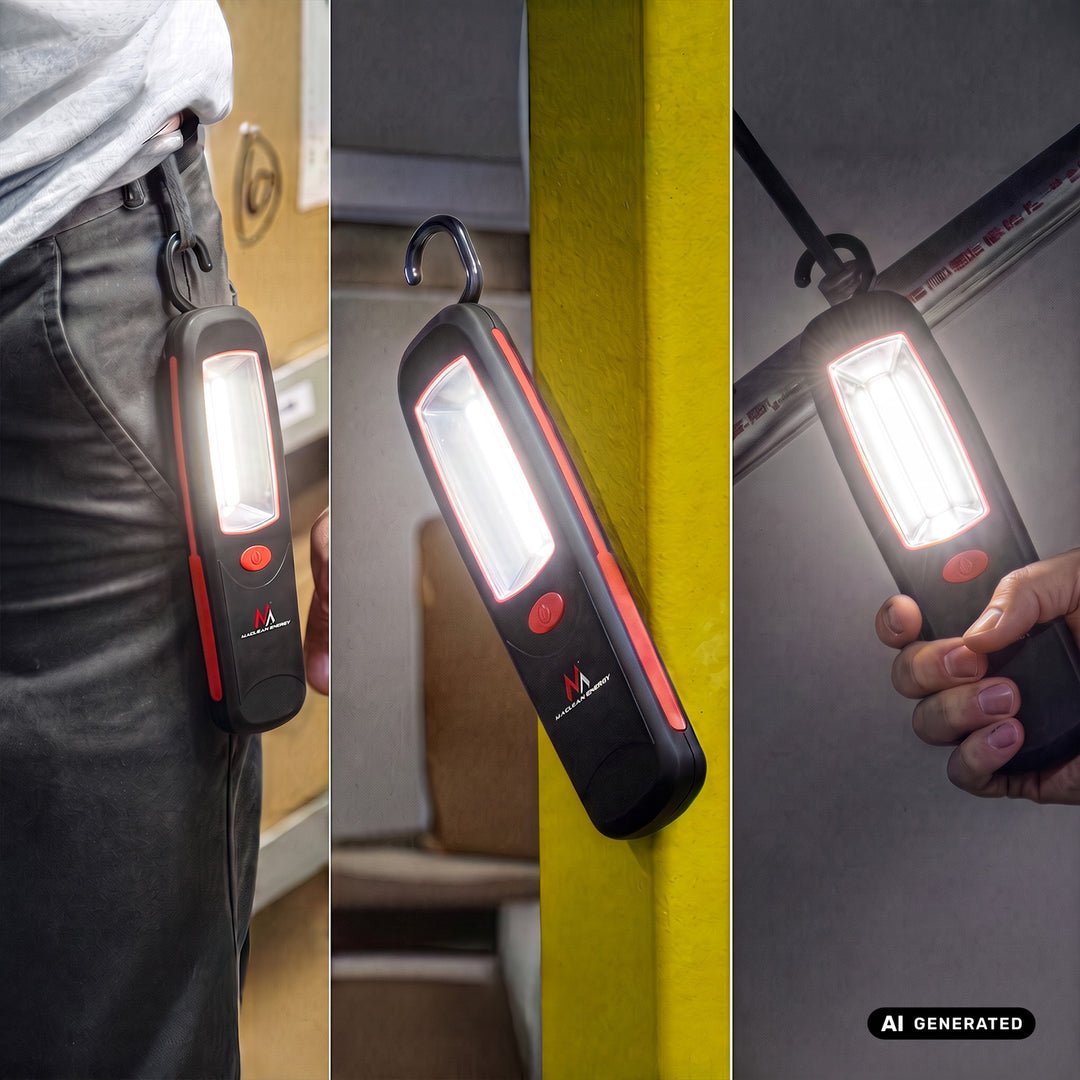 Maclean COB LED-værkstedslampe, magnet, krog, MCE03, 2 stk. + 6 stk. Varta Industrial LR6/AA R-06-batterier