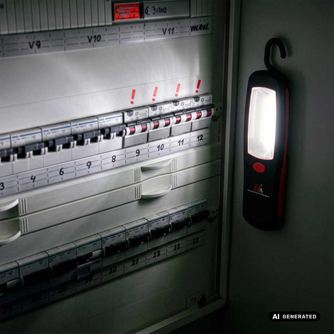 Maclean COB LED-værkstedslampe, magnet, krog, MCE03, 2 stk. + 6 stk. Varta Industrial LR6/AA R-06-batterier