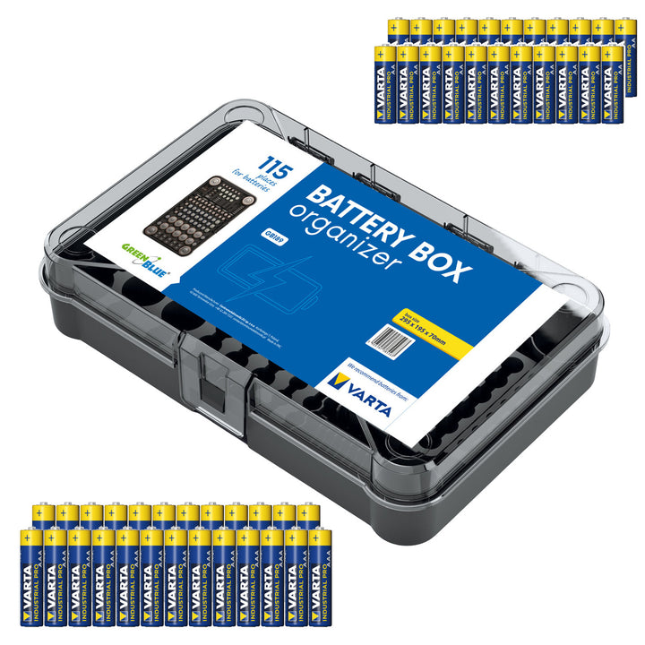 GreenBlue Varta Box GB189 batteriorganizer + 22x AA Varta Industrial-batterier + 25x AAA Varta Industrial-batterier