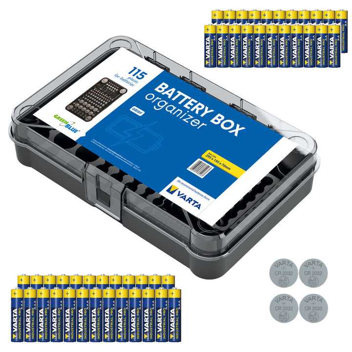 GreenBlue Varta Box GB189 batteriorganizer + 22x AA Varta Industrial-batterier + 25x AAA Varta Industrial-batterier + 4x CR2032 litiumbatterier fra Varta