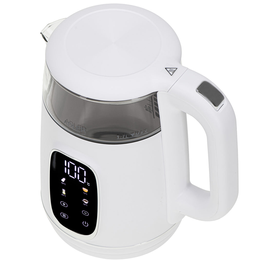Elektrisk kedel i glas med temperaturregulering 1,7 l, LED, 40–100 °C, Adler AD 1305 WS hvid