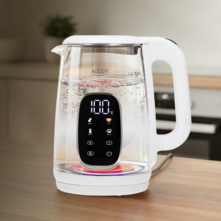 Elektrisk kedel i glas med temperaturregulering 1,7 l, LED, 40–100 °C, Adler AD 1305 WS hvid