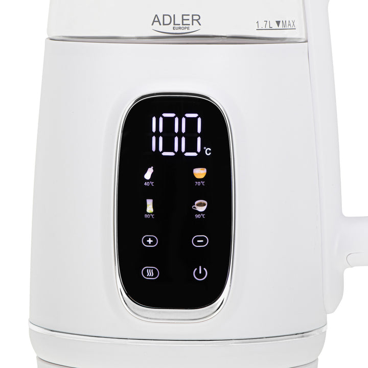 Elektrisk kedel i glas med temperaturregulering 1,7 l, LED, 40–100 °C, Adler AD 1305 WS hvid