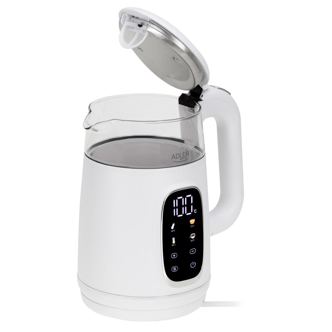Elektrisk kedel i glas med temperaturregulering 1,7 l, LED, 40–100 °C, Adler AD 1305 WS hvid