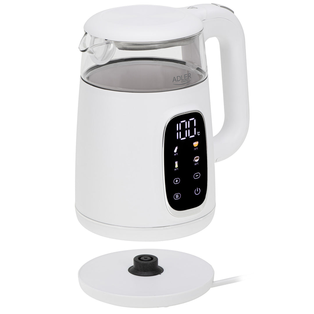 Elektrisk kedel i glas med temperaturregulering 1,7 l, LED, 40–100 °C, Adler AD 1305 WS hvid