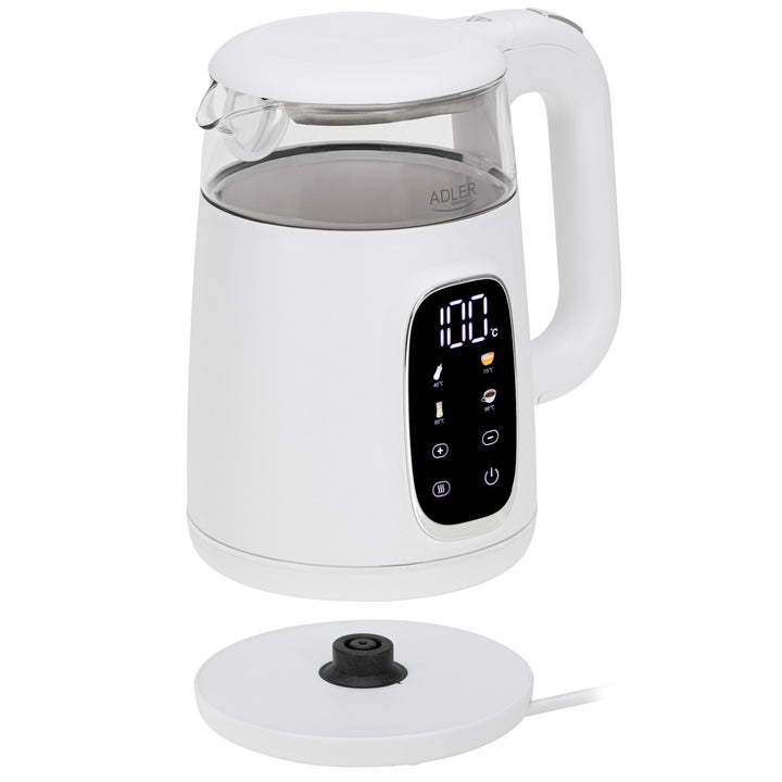 Elektrisk kedel i glas med temperaturregulering 1,7 l, LED, 40–100 °C, Adler AD 1305 WS hvid