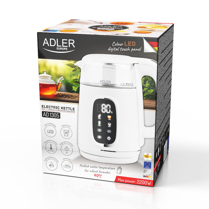 Elektrisk kedel i glas med temperaturregulering 1,7 l, LED, 40–100 °C, Adler AD 1305 WS hvid