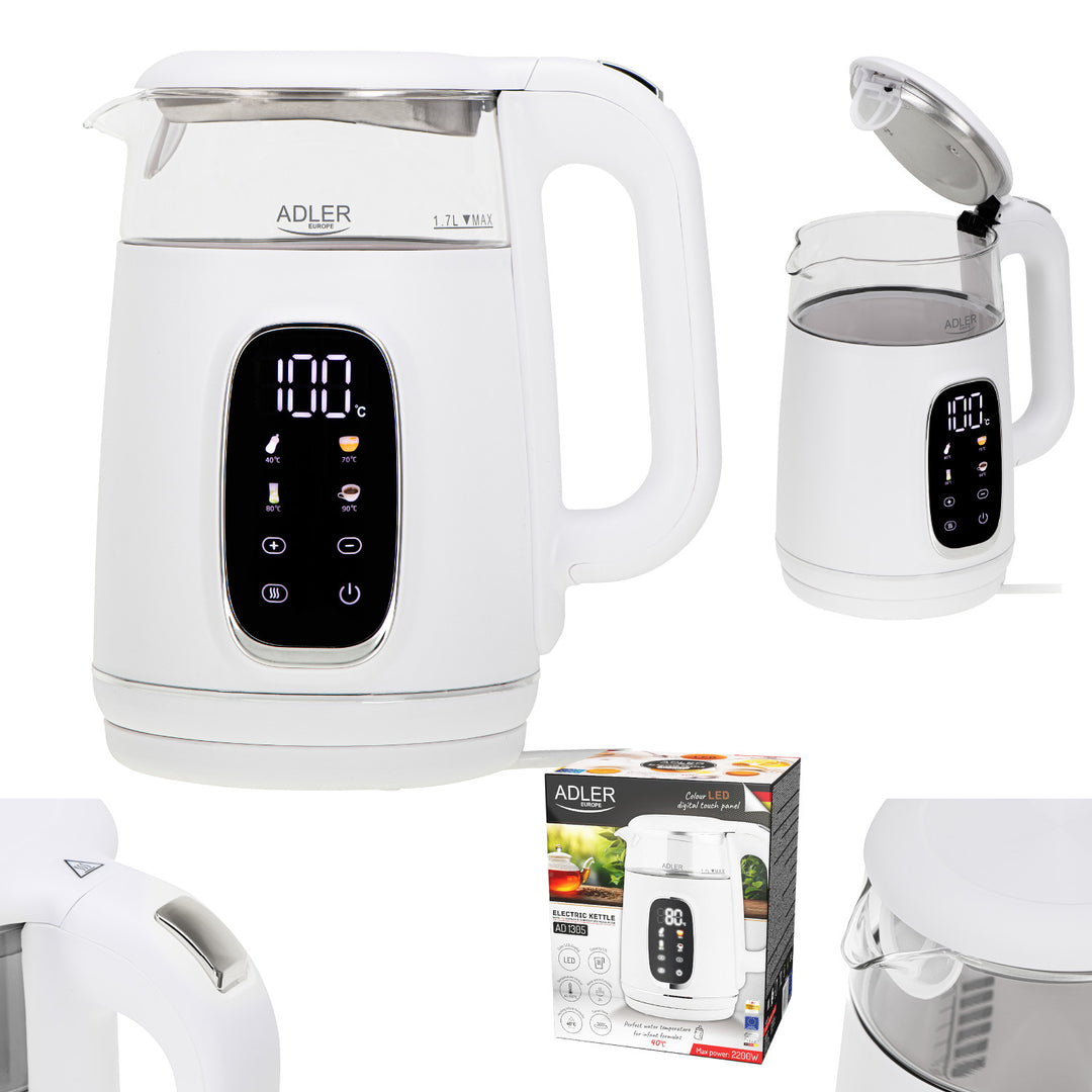 Elektrisk kedel i glas med temperaturregulering 1,7 l, LED, 40–100 °C, Adler AD 1305 WS hvid