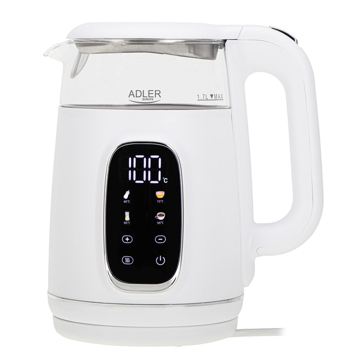 Elektrisk kedel i glas med temperaturregulering 1,7 l, LED, 40–100 °C, Adler AD 1305 WS hvid