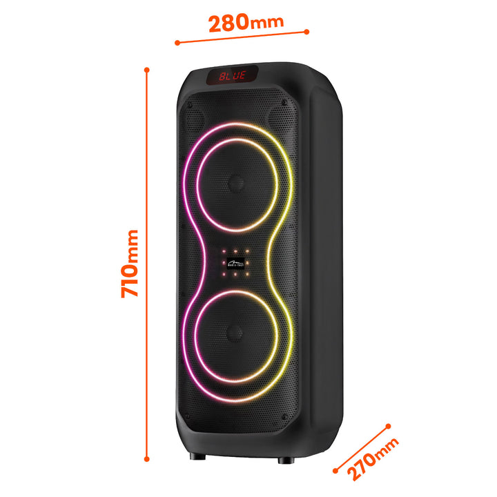 Stor Bluetooth-højttaler, 120 W RMS/1400 W PMPO, to 8" højttalere, equalizer, karaoke-funktion, MP3/microSD-kort, USB, AUX, BT 5.3+EDR, display, LED, indbygget batteri, fjernbetjening, MT3185