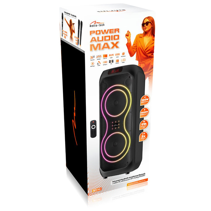 Stor Bluetooth-højttaler, 120 W RMS/1400 W PMPO, to 8" højttalere, equalizer, karaoke-funktion, MP3/microSD-kort, USB, AUX, BT 5.3+EDR, display, LED, indbygget batteri, fjernbetjening, MT3185