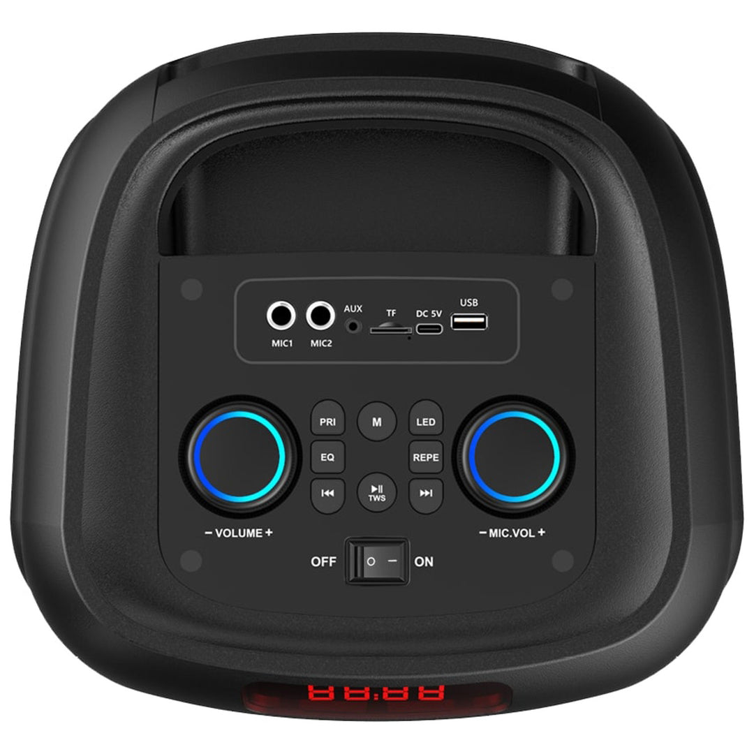 Stor Bluetooth-højttaler, 120 W RMS/1400 W PMPO, to 8" højttalere, equalizer, karaoke-funktion, MP3/microSD-kort, USB, AUX, BT 5.3+EDR, display, LED, indbygget batteri, fjernbetjening, MT3185