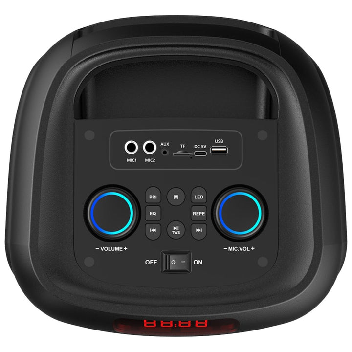 Stor Bluetooth-højttaler, 120 W RMS/1400 W PMPO, to 8" højttalere, equalizer, karaoke-funktion, MP3/microSD-kort, USB, AUX, BT 5.3+EDR, display, LED, indbygget batteri, fjernbetjening, MT3185