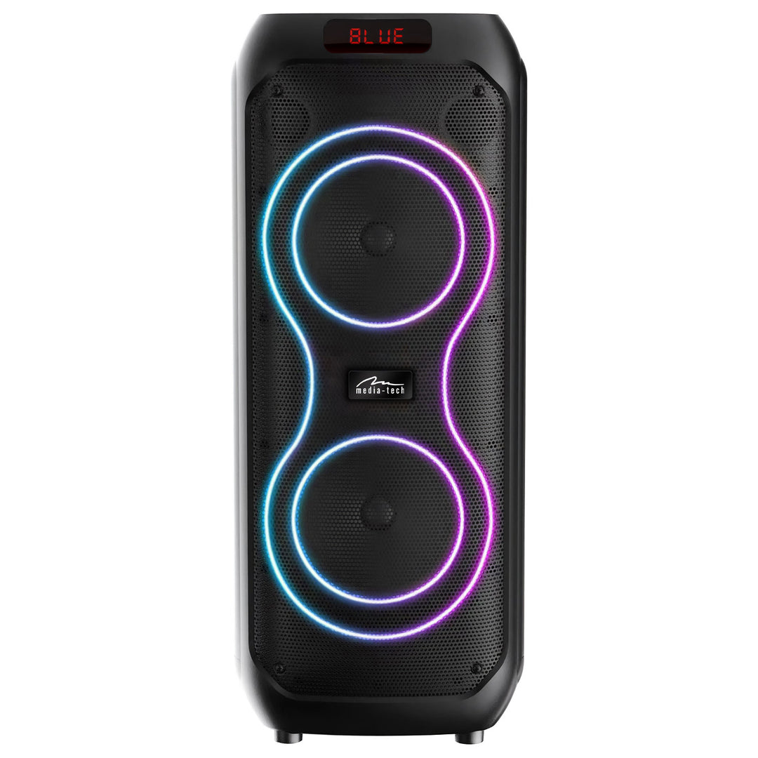 Stor Bluetooth-højttaler, 120 W RMS/1400 W PMPO, to 8" højttalere, equalizer, karaoke-funktion, MP3/microSD-kort, USB, AUX, BT 5.3+EDR, display, LED, indbygget batteri, fjernbetjening, MT3185