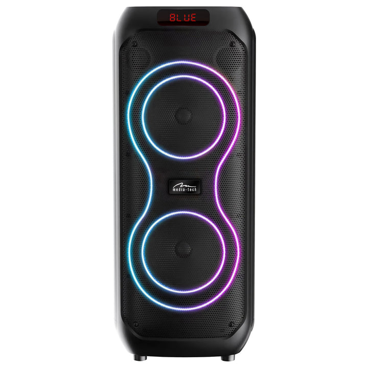 Stor Bluetooth-højttaler, 120 W RMS/1400 W PMPO, to 8" højttalere, equalizer, karaoke-funktion, MP3/microSD-kort, USB, AUX, BT 5.3+EDR, display, LED, indbygget batteri, fjernbetjening, MT3185