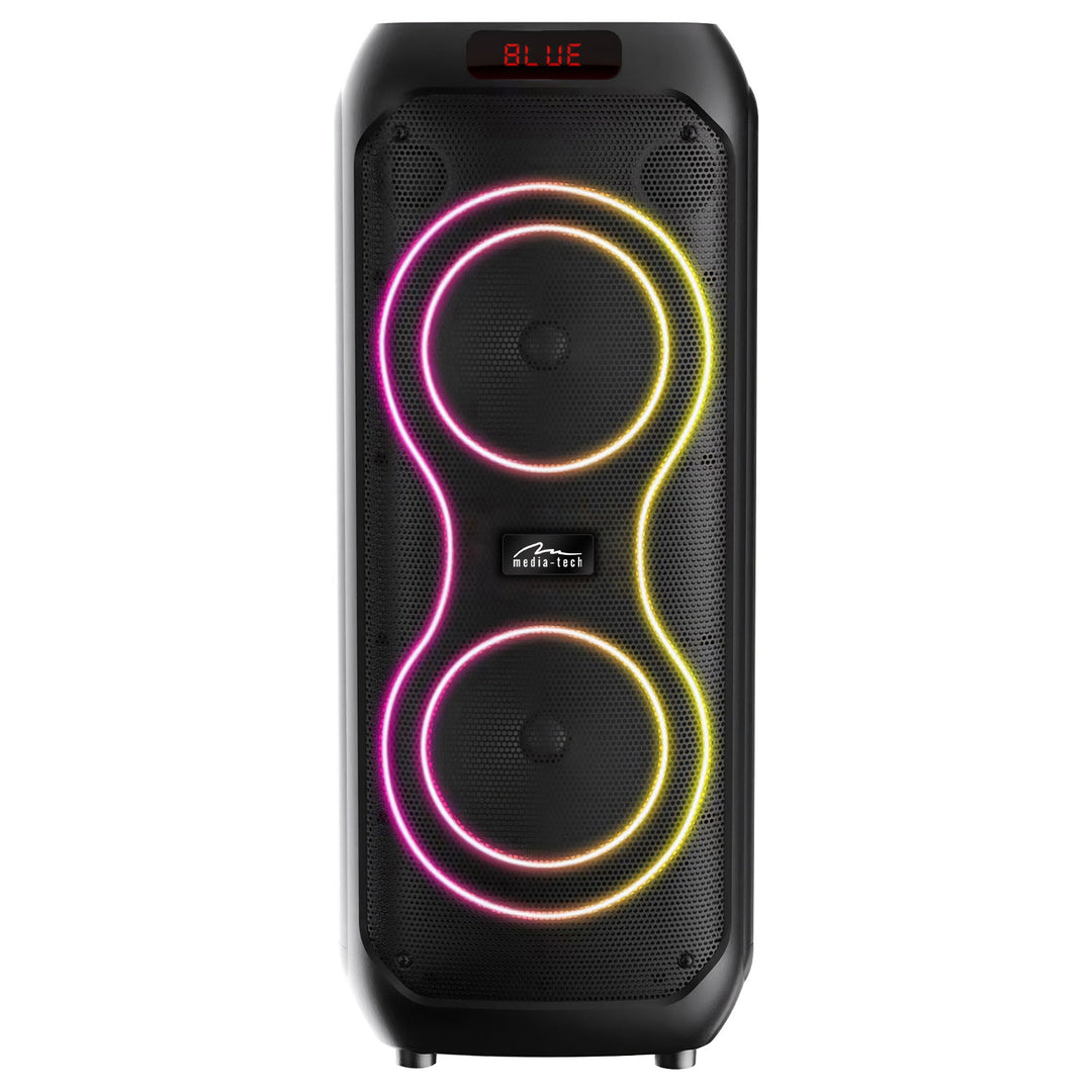 Stor Bluetooth-højttaler, 120 W RMS/1400 W PMPO, to 8" højttalere, equalizer, karaoke-funktion, MP3/microSD-kort, USB, AUX, BT 5.3+EDR, display, LED, indbygget batteri, fjernbetjening, MT3185