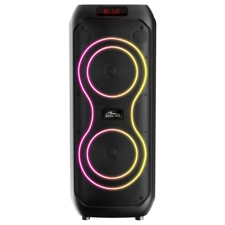 Stor Bluetooth-højttaler, 120 W RMS/1400 W PMPO, to 8" højttalere, equalizer, karaoke-funktion, MP3/microSD-kort, USB, AUX, BT 5.3+EDR, display, LED, indbygget batteri, fjernbetjening, MT3185