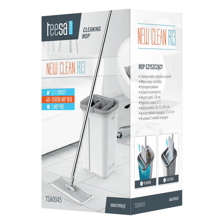 Teesa flad rengøringsmoppe, spand med to kamre, kapacitet 5,7 l, New Clean R13, Teesa