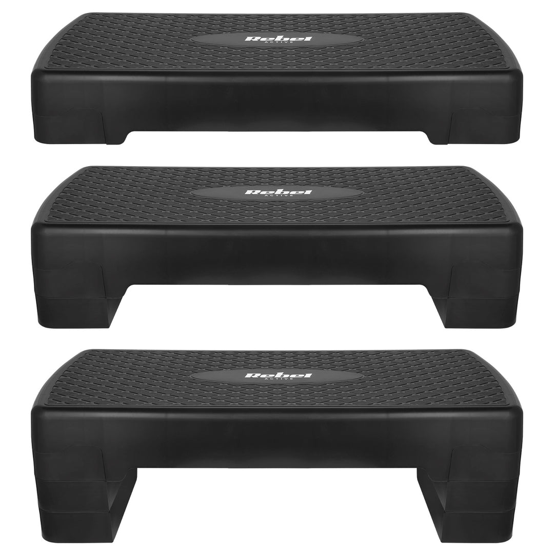 Aerobic- og fitness-step Rebel Active, 3 trin, 68 cm, sort, RBA-3227-BK