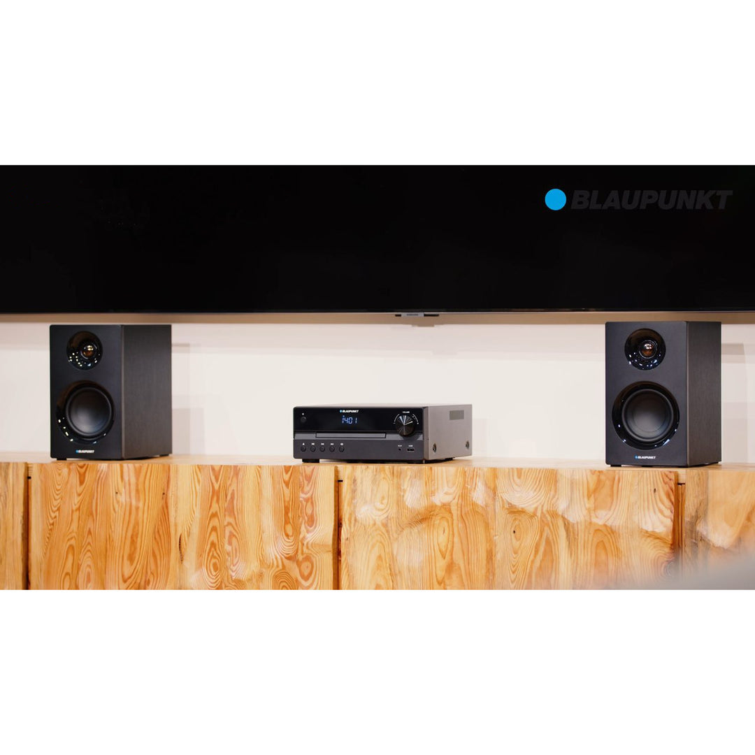 Blaupunkt-mikroanlæg, 240 W, HDMI/CD/USB/FM/BT/PLL, parametrisk equalizer, LED-display, ur- og vækkefunktion, sort, MS55SUB