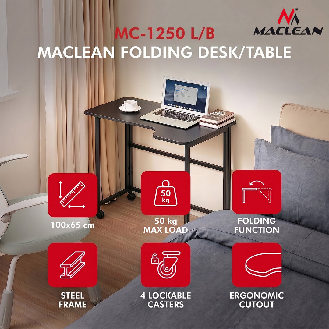 Maclean sammenklappeligt skrivebord, sort, på hjul, 100 x 65 cm, maks. 50 kg, vinklet, L-formet, MC-1250 L/B