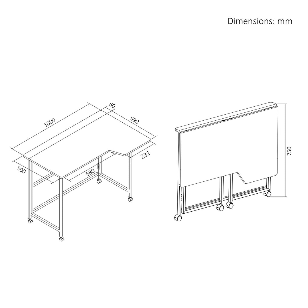 Maclean sammenklappeligt skrivebord, hvidt, på hjul, 100 x 65 cm, maks. 50 kg, vinklet, L-formet, MC-1250 L/W