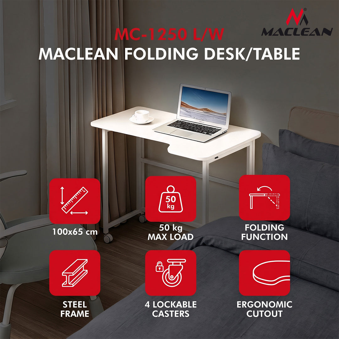 Maclean sammenklappeligt skrivebord, hvidt, på hjul, 100 x 65 cm, maks. 50 kg, vinklet, L-formet, MC-1250 L/W