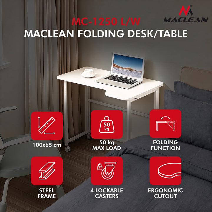 Maclean sammenklappeligt skrivebord, hvidt, på hjul, 100 x 65 cm, maks. 50 kg, vinklet, L-formet, MC-1250 L/W