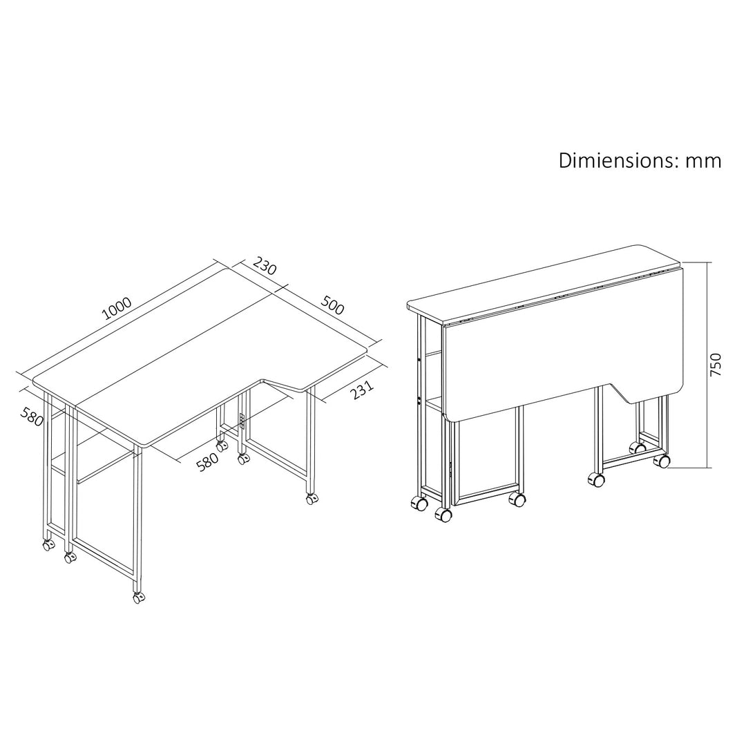Maclean sammenklappeligt skrivebord/bord, sort, på hjul, 100 x 73 cm, maks. 50 kg, vinklet, L-formet, MC-126 L/B