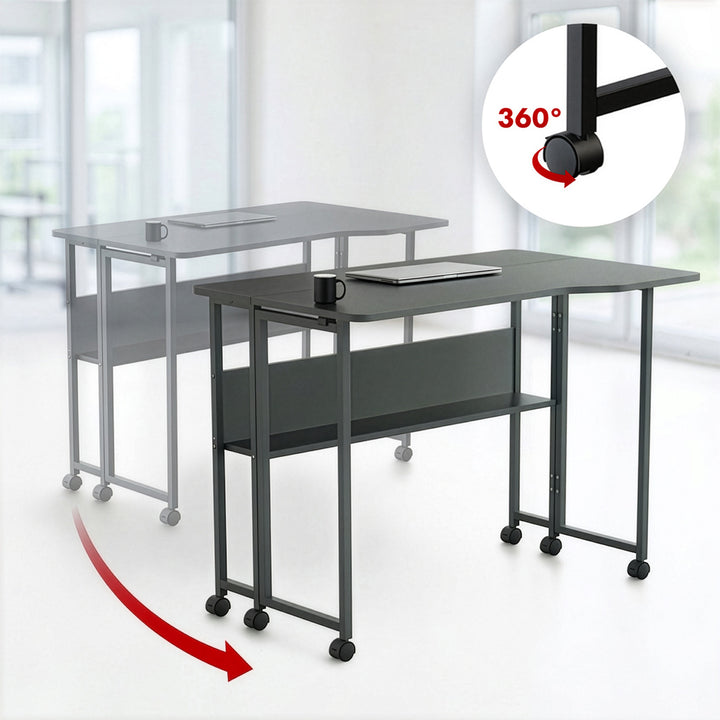 Maclean sammenklappeligt skrivebord/bord, sort, på hjul, 100 x 73 cm, maks. 50 kg, vinklet, L-formet, MC-126 L/B
