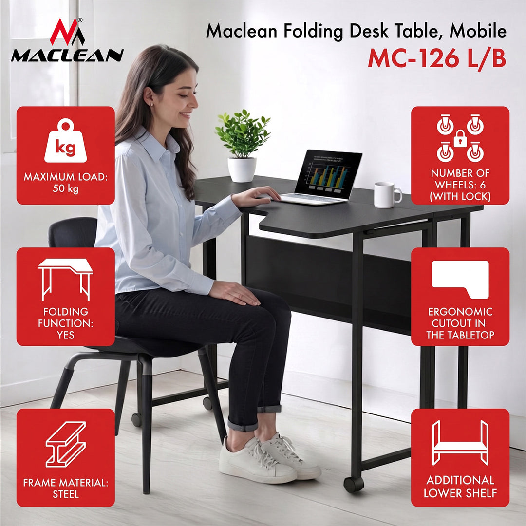 Maclean sammenklappeligt skrivebord/bord, sort, på hjul, 100 x 73 cm, maks. 50 kg, vinklet, L-formet, MC-126 L/B