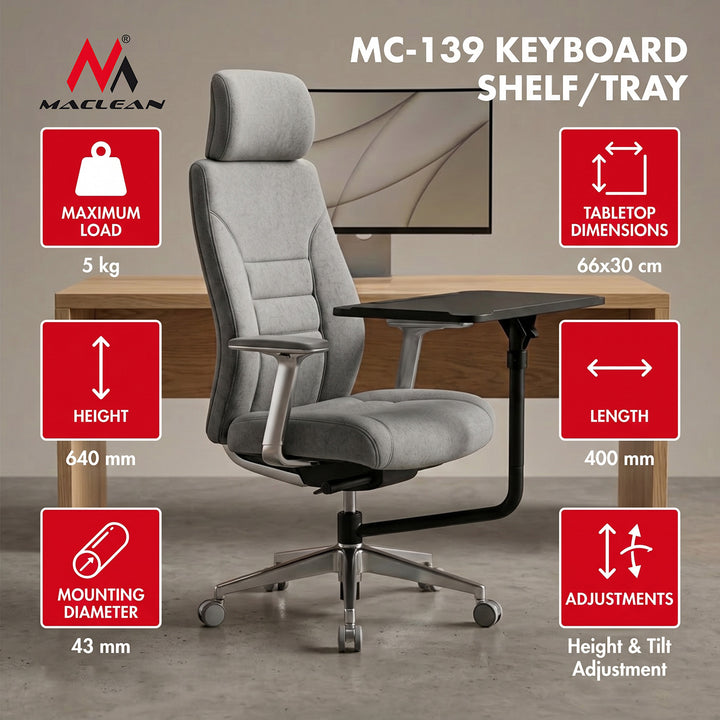 Maclean hylde/bakke til tastatur, sort, bakkens mål 66 x 30 cm, til montering på kontorstol, maks. 5 kg, MC-139