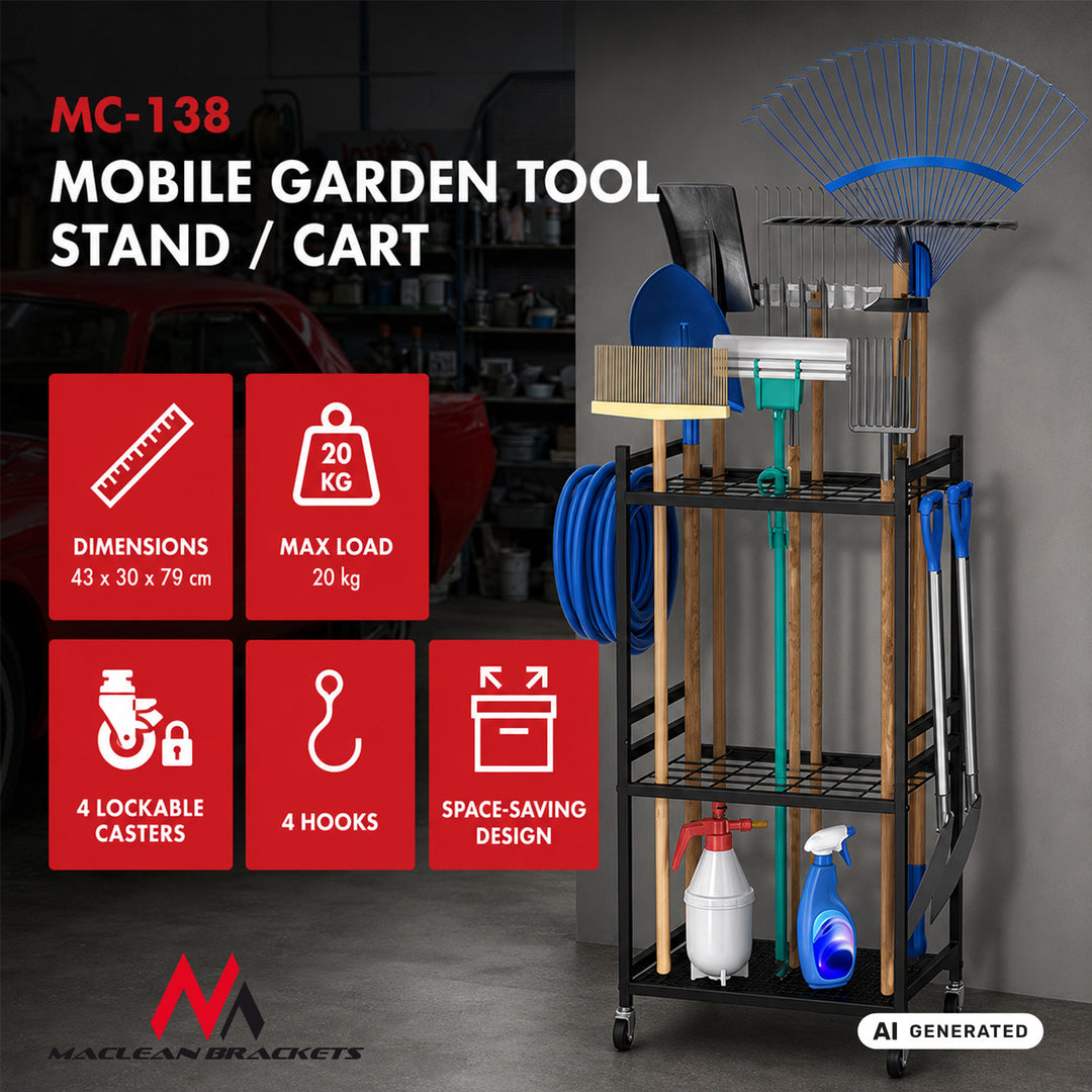 Maclean mobil stativ/vogn til haveværktøj, sort, mål 43x30x79 cm, maks. 20 kg, MC-138