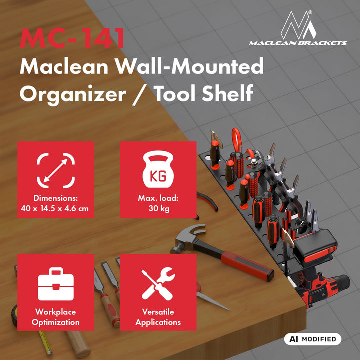 Maclean vægmonteret opbevaringssystem/værktøjshylde, sort, mål 40 x 14,5 x 4,6 cm, maks. 30 kg, MC-141