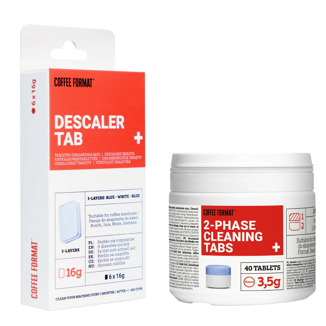 Sæt med rengøringstabletter til kaffemaskiner, 2-phase Cleaning TABS+ 40 x 3,5 g + afkalkningstabletter til kaffemaskiner, Descaler Tab+ 6 x 16 g